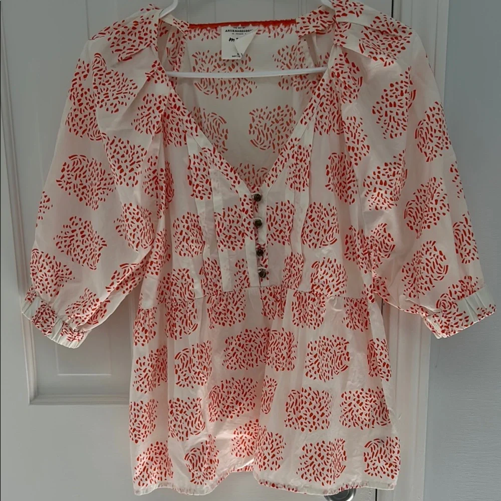 Anthropologie Orange and White Puff Sleeve Blouse with Ruffled Details